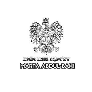 biały orzeł na czarnym tle napis komornik sądowy Marta Abdul-Baki